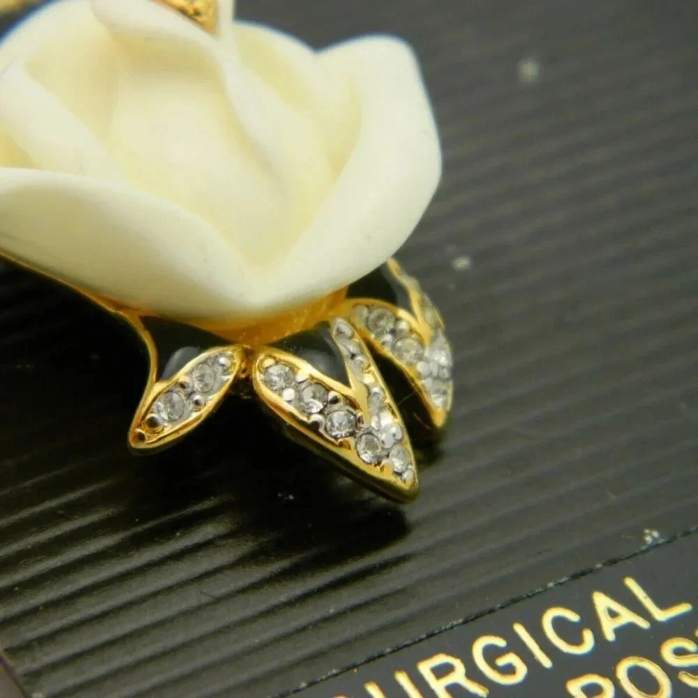 Beige Lucite Rose Flower Enamel Rhinestones Post - Picture 3 of 4